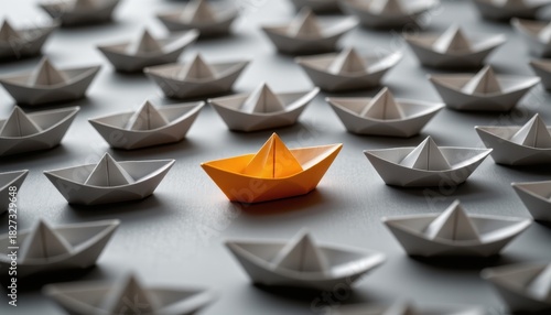 Unique Orange Paper Boat Surrounded by White Paper Boats on a Grey Surface with Soft Lighting