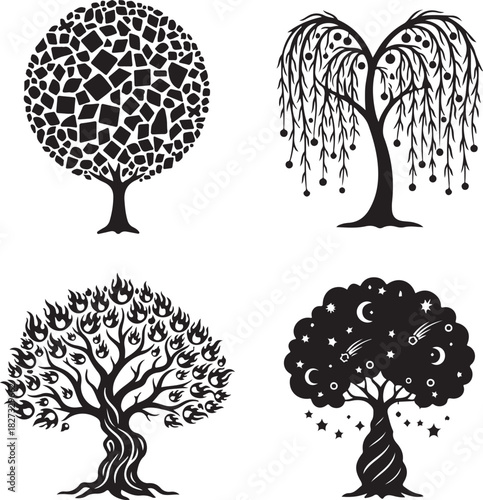 Vector set of nature illustrations featuring silhouettes of trees, leaves, and spring branches for design concepts