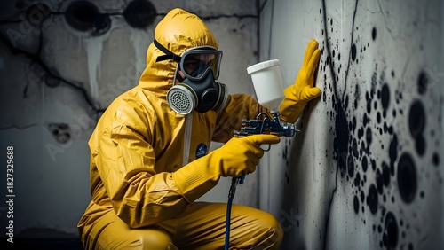 A professional in a yellow hazmat suit and full-face gas mask uses a spray gun to decontaminate a decaying urban wall