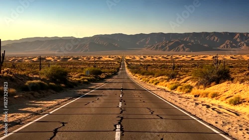 Wallpaper Mural Desert highway vista driving through arid landscapes with mountainous backdrop and clear sky Torontodigital.ca