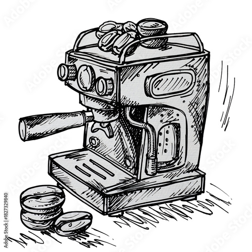 Espresso Machine With Coffee Beans Detailed Hand Drawn Sketch Style With Gray Tones On Transparent Background For Coffee Brewing Theme