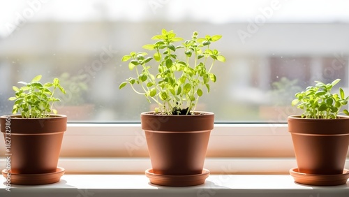 Three potted basil plants thriving on a windowsill, basking in natural sunlight