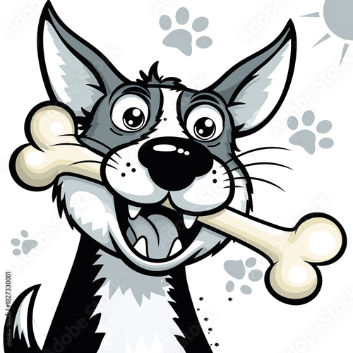 Excited Cartoon Dog Grinning Widely Holding a Large Bone in Its Mouth with Paw Prints Floating Around on a Transparent Background