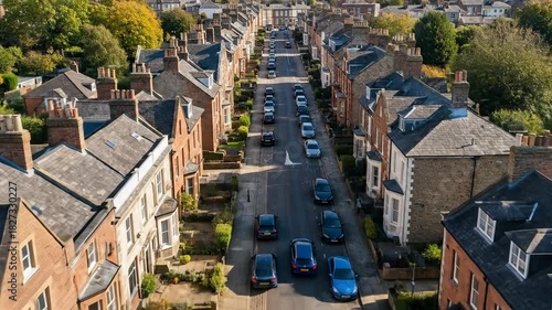 Aerial View of a Residential Street Lined with Traditional Brick Houses and Parked Cars Under a Clear Autumn Sky