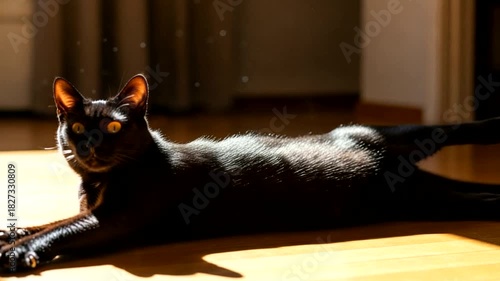 Wallpaper Mural Elegant black cat basking in sunlight indoors, a serene moment of feline relaxation Torontodigital.ca