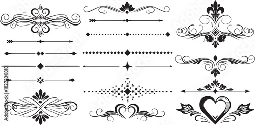 Set of vector vintage dividers and ornate scroll flourishes for wedding invitation design template