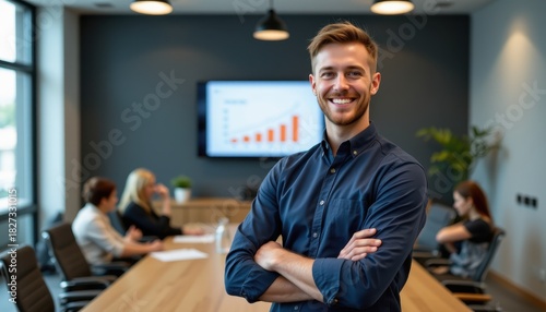 Confident young man standing in a modern conference room with team members engaged in a business meeting and presentation visuals behind