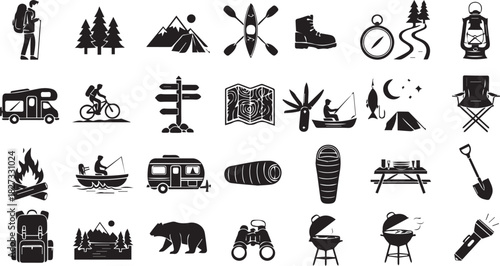 Black and white set of vector icons for camping, hiking, travel, and outdoor adventure activities.