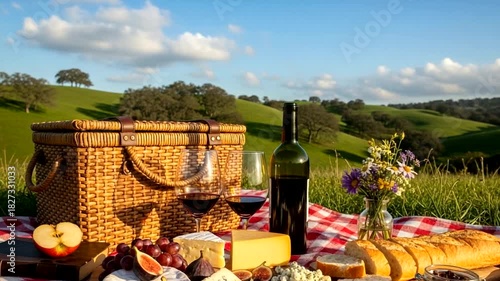 Wallpaper Mural Elegant picnic scene featuring gourmet food, red wine and beautiful scenic backdrop, perfect for Torontodigital.ca