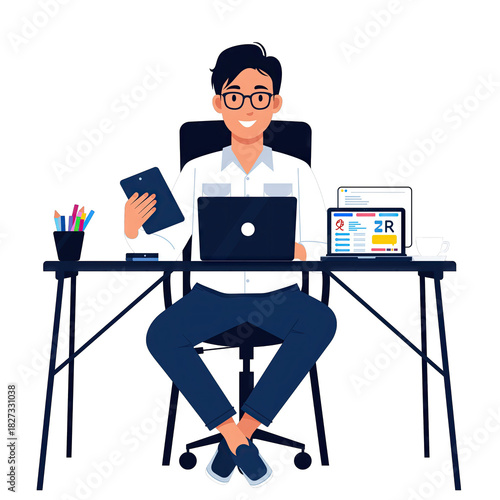 Man Sitting At A Desk Working On A Laptop Holding A Tablet Computer With A Cup And A Monitor Showing Graphs And Charts In A Home Office Setting