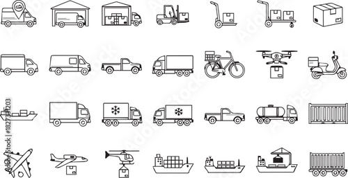 Logistics and Transportation Line Icons Set. Shipping, delivery, supply chain, and warehouse vector symbols.