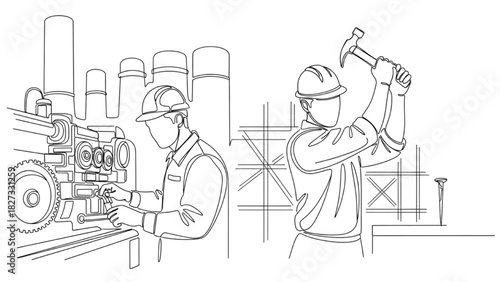 Minimal Industrial Line Art of Factory Machine Worker and Construction Hammer Worker – Clean Black Outline Set