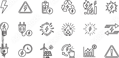 Electricity and Energy Icon Set with Charging, Power, Renewable, and Warning Symbols