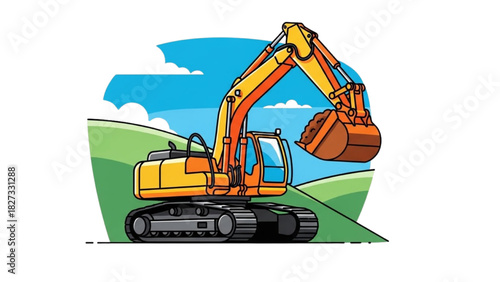 Black Outline Colorful Excavator Illustration – Heavy Machine Lifting Soil in One Smooth Contour
