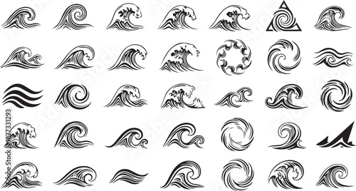 Black and white vector set of ocean wave crests and water swirls isolated on white background