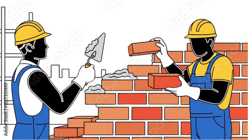 Colorful Black Outline Construction Workers Building Brick Wall – Line Art Masonry Illustration