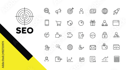 A comprehensive collection of minimalist line icons representing various aspects of search engine optimization and digital marketing strategies for online business growth and success