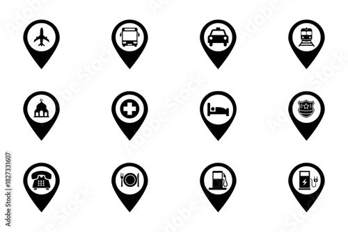 Public facility location pointer set on white background. Symbol of station, restaurant, hospital, hotel, airport, public facilities. Set vector line icons of public facility