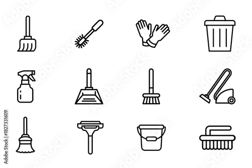 Cleaning tools set on white background. Symbol of broom, dustpan, mop, bucket, bottle spray, brush. Set vector line icons of cleaning equipment