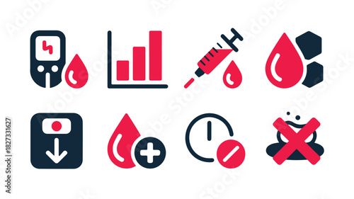 A clean minimalist icon set featuring medical symbols for diabetes management, health monitoring, and wellness