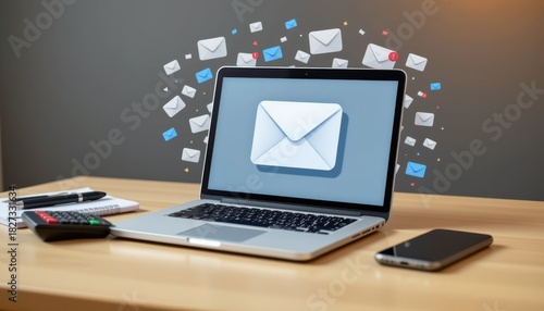 Modern Laptop with Email Icon and Notifications on Wooden Desk in Bright Office Setting