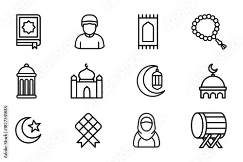 Islamic icons set on white background. Symbol of moslem, mat prayer, mosque, lantern, The Holy Quran. Set vector line icons of Ramadan Kareem
