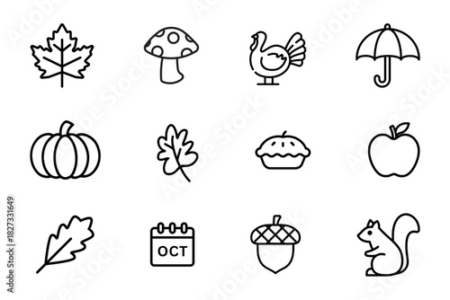 Autumn icons set on white background. Symbol of autumn, maple leaf, pumpkin, apple, squirrel, pie, turkey, mushroom, acorn. Set vector line icons of autumn