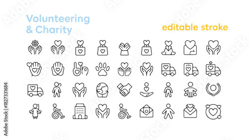 Clean Minimalist Icon Set Volunteering & Charity, Editable Stroke, 30 Symbols of Giving Back