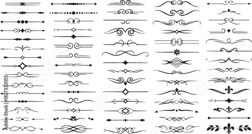 Large set of vector ornamental line dividers and calligraphic flourishes isolated on white background
