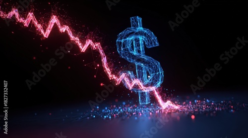 A digital image of a downward-trending graph overlaid on a glowing dollar sign against a dark backdrop. ..Created with Generative AI, not depicting real subjects.