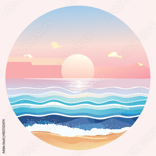Tropical summer vacation banner with sun setting over the ocean waves and sandy beach