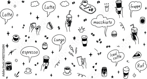 Cute line doodle coffee shop icon set. Hot and cold drinks, desserts, cake, sandwich, croissant. Hand drawn cafe and patisserie design elements vector art