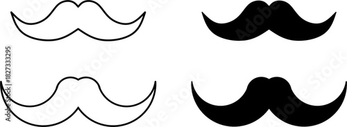 Moustache classic and retro styles icons set in outline and solid silhouette styles. Ideal for barbershop logos, November themes, grooming graphics, retro designs, and masculine visual elements.