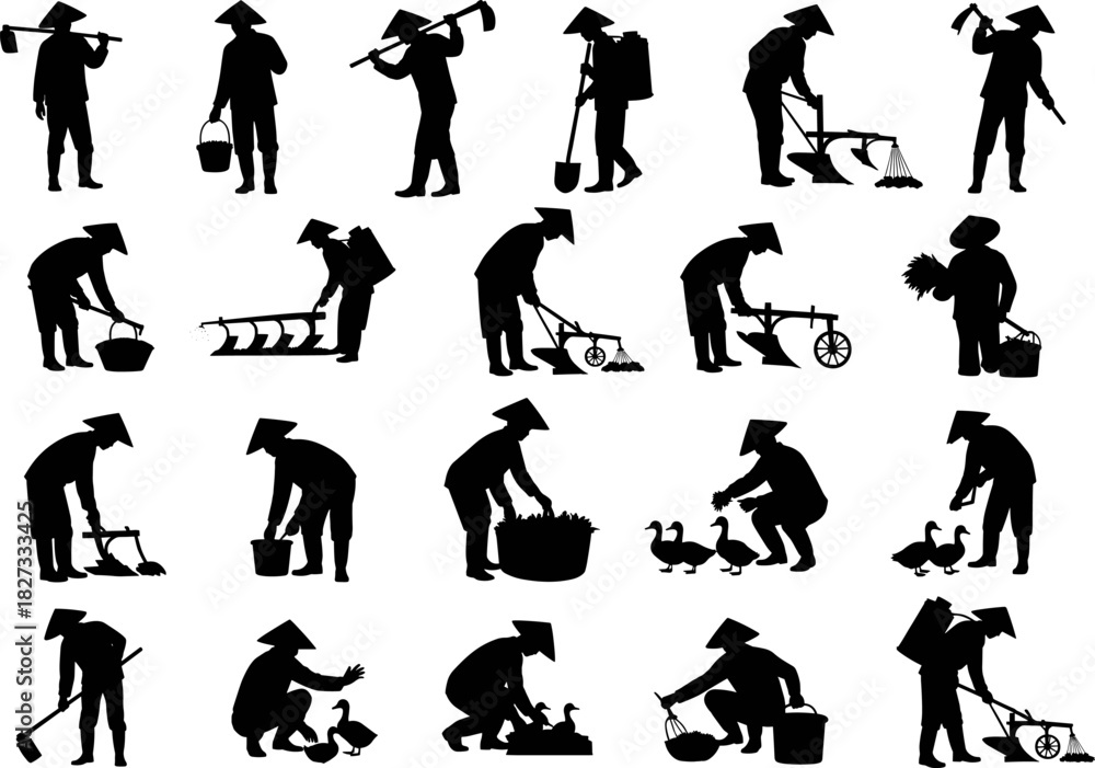 Obraz premium Asian Farmer and Agricultural Silhouettes Set Vector Illustration, Featuring Rice Workers, Farm Tools, Ducks, and Plowing Equipment, Traditional Farming Graphic Collection.