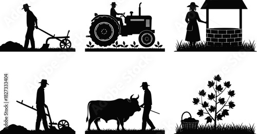 “Vintage farming scenes with farmers, tractor work, ox plowing, water well drawing, and cotton plant agriculture silhouettes, traditional rural lifestyle vector illustration”