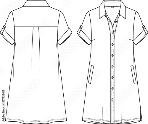 A-Line Shirtdress Technical Fashion Flat Sketch, Short Sleeves, Roll-Up Cuff, Button-Front Tunic, Vector CAD Illustration for Apparel.
