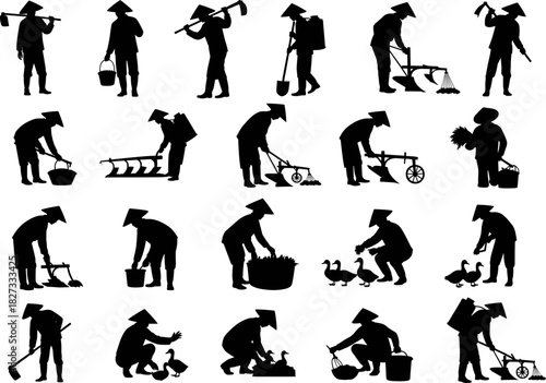 Asian Farmer and Agricultural Silhouettes Set Vector Illustration, Featuring Rice Workers, Farm Tools, Ducks, and Plowing Equipment, Traditional Farming Graphic Collection.