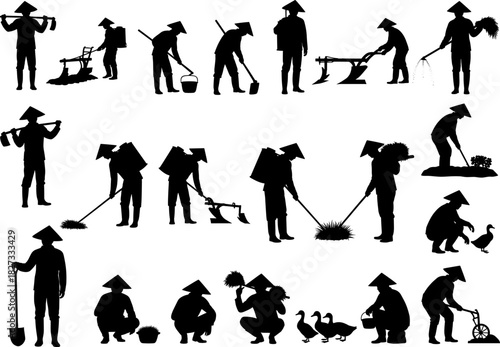 Asian Farmer and Agricultural Silhouettes Set Vector Illustration, Featuring Rice Workers, Farm Tools, Ducks, Plowing, and Harvesting Activities, Traditional Farming Graphic Collection.