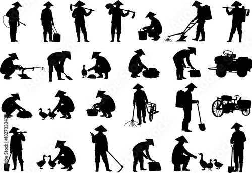 Asian Farmer and Agriculture Silhouettes Set Vector Illustration, Featuring Rice Workers, Farm Tools, Ducks, and Tractor Equipment, Traditional Farming Graphic Collection.
