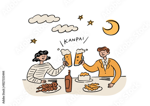 居酒屋での飲み会、忘年会や新年会、打ち上げなどのビールを楽しむビジネスマンの人物の手描きのベクターイラスト素材 Hand-drawn Japanese Izakaya Scene - Friends toasting with beer at night, traditional izakaya illustration.