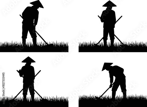 Asian Farmer Silhouettes Wearing Conical Hats While Working in the Paddy Field, Traditional Agricultural Worker Using a Hoe for Weeding, Manual Farming Vector Illustration.