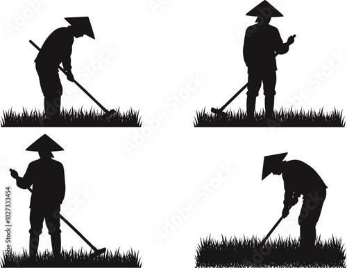 Asian Farmers Wearing Conical Hats Working in Rice Paddy Field Silhouette Vector Illustration, Traditional Agriculture Laborer Using Hoe for Weeding, Manual Farming Background.