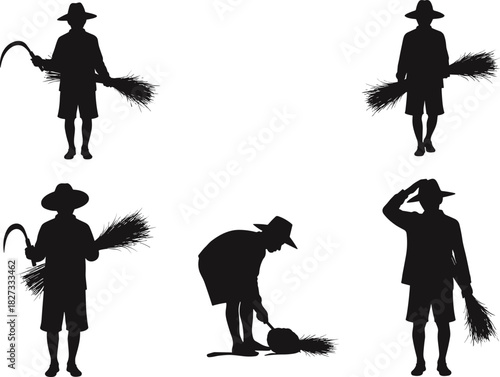 Asian Farmers Wearing Sun Hats Harvesting Rice or Wheat Crop Silhouettes Vector Illustration, Traditional Agricultural Laborers Holding Sheaves and Sickles, Manual Harvest and Field Work Background.