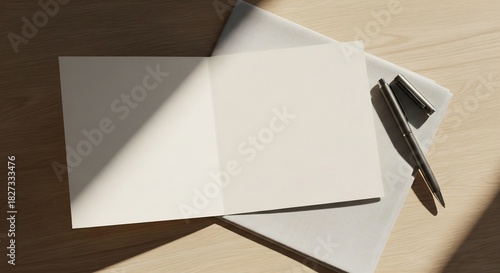 Minimalist Workspace with Blank Paper and Pen in Sunlight.