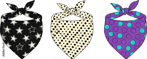 Bandana Head Scarf Vector Illustration Set, Three Fashion Accessories with Star, Polka Dot Patterns, Retro Style Textile Mockup.