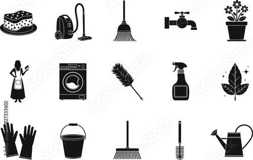 Collection of black vector cleaning and household tool icons including maid silhouette, detergents, gardening items, and sanitation equipment for maintenance, hygiene, 