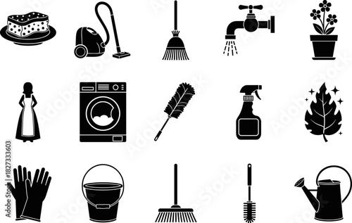Collection of black vector cleaning, household, and gardening tool icons including detergents, appliances, sanitation items, maid silhouette, 