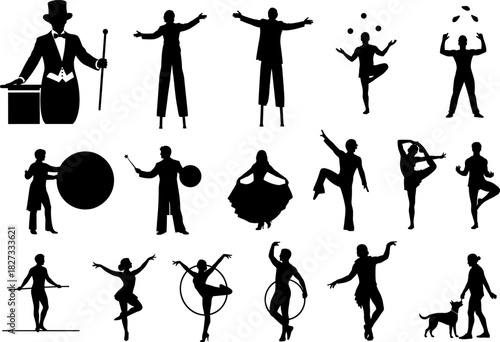 Collection of circus and performance silhouette figures featuring magicians, dancers, jugglers, acrobats, and balance acts, ideal vector elements for creative projects, entertainment themes, 