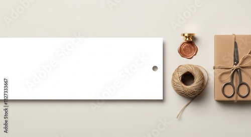 Overhead shot of gift wrapping supplies with blank tag for text.