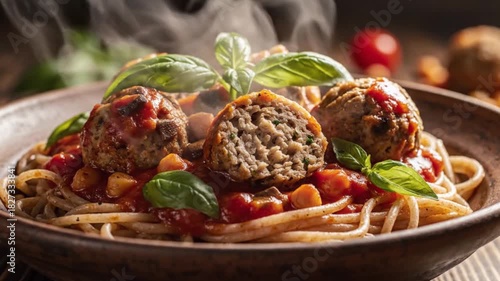 Delicious Spaghetti with Meatballs, Fresh Basil, and Rich Tomato Sauce, a Culinary Delight
